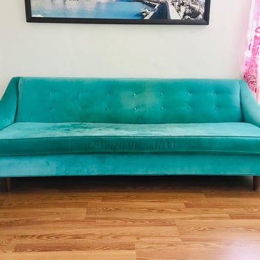 MID CENTURY MODERN Sofa | Needs Reupholstered | Turquoise | Velvet | Button Tufted 