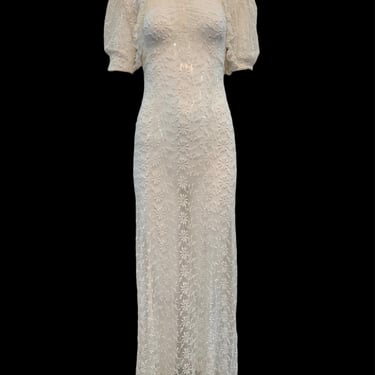 30s White Embroidered Net Bias Cut Gown with Bolero Jacket