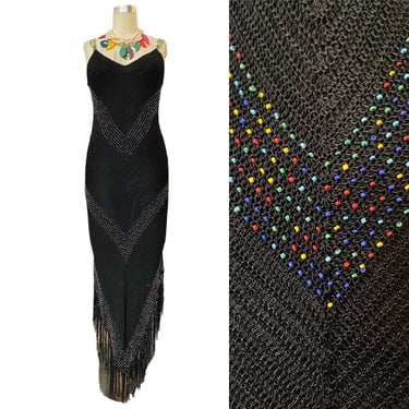 1990s crochet dress, rainbow beads, vintage maxi dress, fringe trim, sue wong, medium, bandage, boho, chevron knit, asymmetrical 