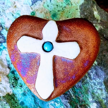 Handmade Raku Heart with Cross~Artisan Fine Ceramic Heart Iridescent Finish~Heart Paperweight~Gifts for Her~Mothers Day Gift~JewelsandMetals 