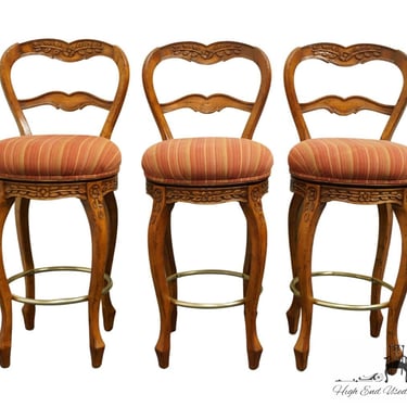 Set of 3 FREMARC Country French Provincial Floral Carved Ladderback Swivel Barstools F26-12300 - Antique Caramel Finish 
