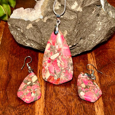 Pink Sea Sediment Jasper Pyrite Pendant Necklace Earring Set Vintage Jewelry Gift Set Stability Focus Stress relief 