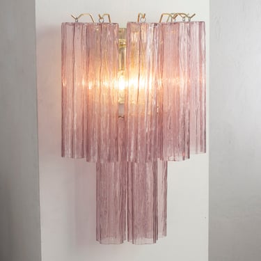 Large wall sconce with Murano glass decorated amethyst color Made in Italy, vintage style wall lamp with logs 