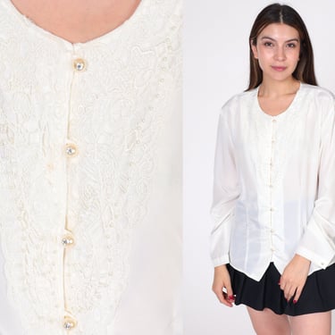 Beaded White Blouse 80s Lace Pearl Rhinestone Button Up Shirt Long Sleeve Top Retro Formal Vintage 1980s Party Collarless Extra Large xl 