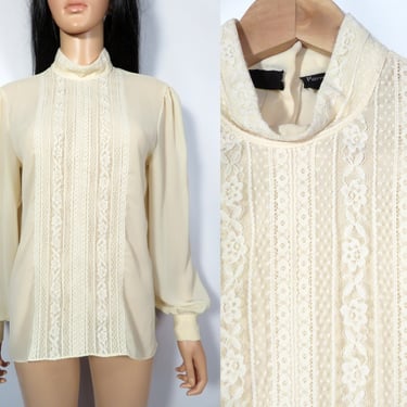 Vintage 70s Designer Pierre Cardin Lightweight Sheer Lace Panel Blouse Size L 