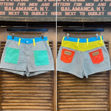 Vintage 1960’s w28 “Peter Max” Wrangler Mod Glam Colorblock Hippie Denim Jeans Shorts, 60’s Vintage Clothing 