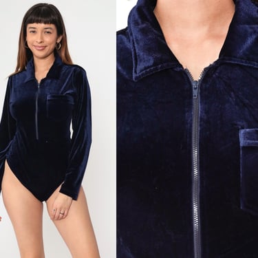 Navy Velvet Bodysuit Top 90s Zip Up Velour Leotard Shirt 1990s Vintage Goth Bohemian Long Sleeve Body Suit Medium Large 