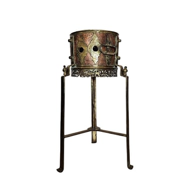 Antique Moroccan Copper Brass Bronze Kettle Warming Stand Brazier Plant Stand Candle Holder Sculptural Object 