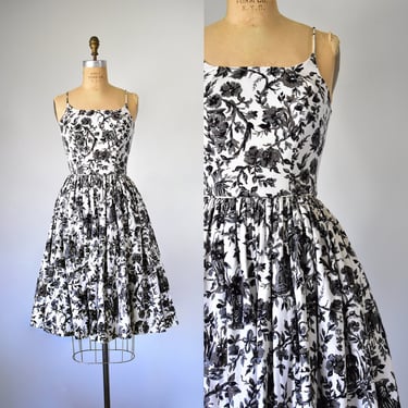 Sandra floral sundress, 1960s dress, black and white floral dress, 1950s dress, vintage dresses for women, spaghetti straps, linen dress 