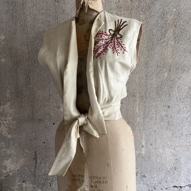 Vintage 1930s White Suede Leather Blouse Best Beaded Flowers Tie At Waist Jacket
