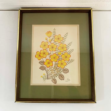 Vintage Framed Floral Print Olivia Francis Frame Lithograph Litho Yellow Flowers 1981 1980s 