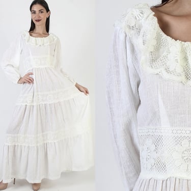 Cream Lace Boho Wedding Dress, Puff Sleeve Monochrome, Vintage 70s Cottagecore Maxi 