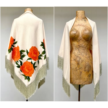 Vintage 1970s Alfred Shaheen Floral Fringed Shawl, 70s Boho Chic Designer Wrap, Ivory Polyester with Orange Roses 