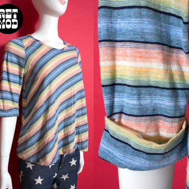 Unique Vintage 70s 80s Blue Pastel Rainbow Stripe Asymmetrical Tent Shirt 