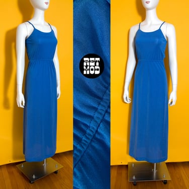 Lovely Vintage 70s Slinky Blue Sheen Maxi Dress 