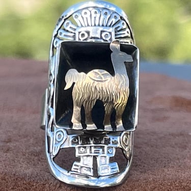 Vintage Sterling Silver Peruvian Inca Tribal Viracocha Long Ring with 18k Gold Llama Shadowbox 