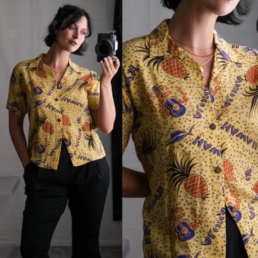 Vintage ALOHA CALIFORNIA 50s Pineapple & Ukulele Hawaiian Loop Collar Shirt | Made in USA | 100% Rayon | 1990s Does 1950s Designer Shirt 