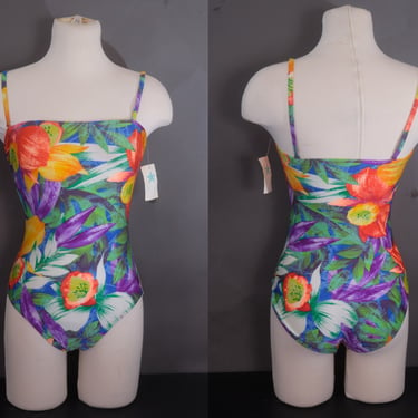 Vintage 90s Gottex One-Piece Swimsuit | Bold Multicolor Floral Print, Removable Straps | Size 8, Unworn with Tags 