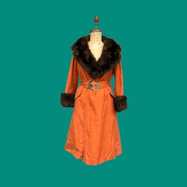 Vintage Coat Retro 1970s Main Street + Fashion Rain/Sun/Storm Coat + Penny Lane + Rust + Fur Collar and Sleeves + Womens Apparel 