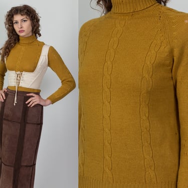 60s 70s Mustard Yellow Distressed Cable Knit Turtleneck - Small | Vintage Tarni Wool Fitted Sweater Top 