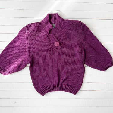 purple knit sweater 80s vintage short sleeve chunky cropped sweater 