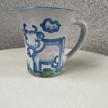Vintage M.A. Hadley pottery flared shape mug white blue cow theme holds 12 oz 