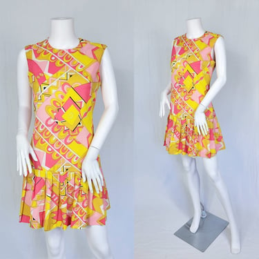 Fritzi 1960's Pink and Yellow Psychedelic Print Short Mini Dress I Sz Med 