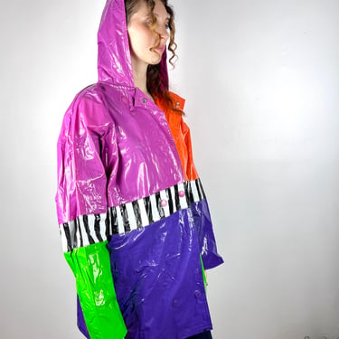 Vintage 80s Neon Vinyl Raincoat / 1980s Neon Vinyl Rain Jacket / Color Block / Rain Coat Jacket Hoodie Hood 