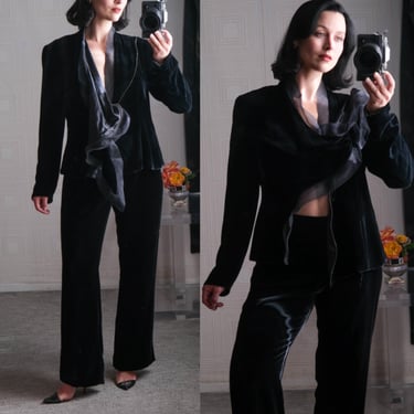 GIORGIO ARMANI Runway Documented Black Silk Asymmetrical Zip Chiffon Drape Lapel Power Pant Suit | Made in Italy | Y2K ARMANI Designer Set 