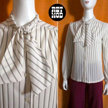 Lovely Vintage 70s Dusty White Pinstripe Pussybow Long Sleeve Blouse by Florence Henderson 