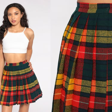 Plaid Mini Skirt 70s School Girl Pleated Tartan High Waisted Red Green Yellow Preppy Clueless Checkered Retro Vintage 1970s Extra Small XS 