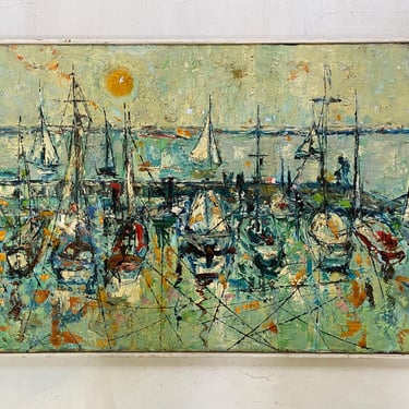 Mid Century Sailboat Marina Original Painting, Boating, Sailboats In Harbor, Slip, Dock, Impasto, Impressionism, Signed By N. Smith, READ 