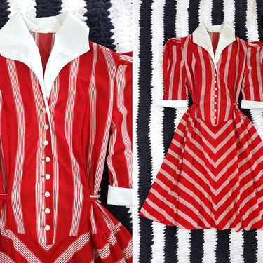 Fabulous Vintage 70s does 40s Red White Stripe Fit & Flare Collared Dress 