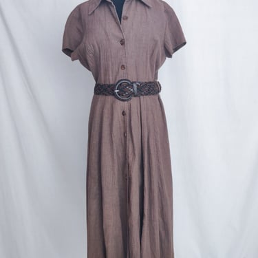 Vintage 90s Brown Dress with Belt // A Line Shirtdress Collared Buttons 