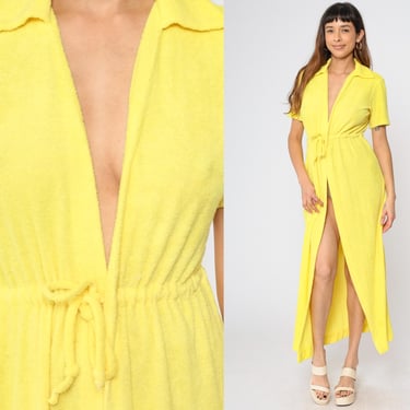 Vintage 70s Yellow Terry Cloth Dress Beach Coverup Yellow V Neck 1970s Maxi Lounge High Waisted High Slit Short Sleeve Summer Medium 