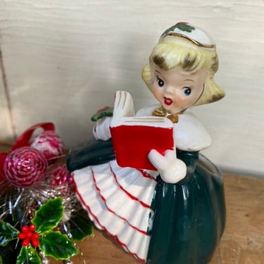 Vintage Napco Christmas Caroling Girl Planter, Holding Red Hymnal Book, Christmas Dress With Fur Muff, Kitschy Blonde, AX1690P8 