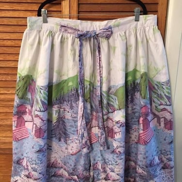 Vintage 1950s Scenic Novelty Print  Border Skirt 50s Cabin Mountain Scene Cotton Pleated Skirt 