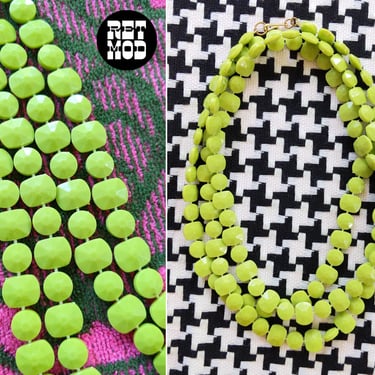 Mod Vintage 60s 70s Lime Green Faceted Long Beaded Necklace - Wear Long, Doubled or Tripled 