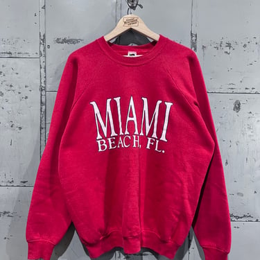 Vintage 80s Miami Beach Crewneck Sweatshirt Florida College style Sportswear Athletic 1990s Fashion Red Graphic Raglan  Extra Large 