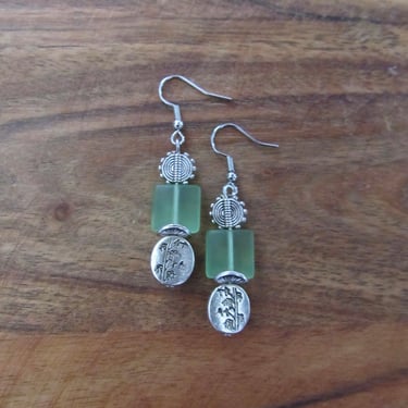 Green sea glass and silver earrings 