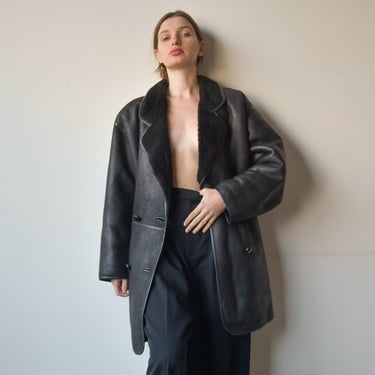 3240o / kenzo black leather shearling coat 