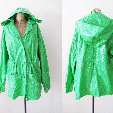 Vintage 90s Bright Green Rain Jacket M - Shiny Vinyl Plastic Rainslicker Hooded - Unisex Adult Waterproof Vinyl Rain Coat 