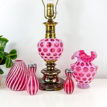 Fenton Pink & White Cranberry Opalescent Stripe Chrysanthemum Swirl Vase, Salt Pepper Shakers, Pink Coin Dot Lamp or Vase, Sold Individually 