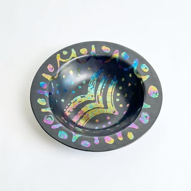 Postmodern Raku Bowl, Rainbow Ceramic, Handmade Pottery, for Trinkets, Jewelry or Keepsakes, Vintage 1990’s 