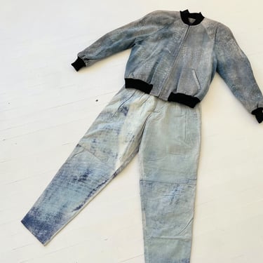 1980s Blue Denim Look Leather Jacket + Pants Two Piece Set 