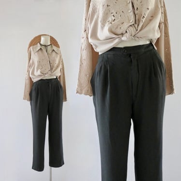 Green Pleated Trousers 90s High Waisted Pants Retro Tapered