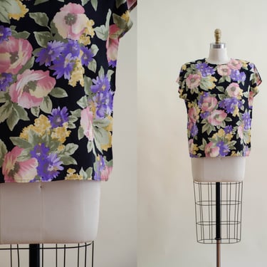 black floral blouse | 80s vintage pink romantic floral boxy oversized rayon blouse 