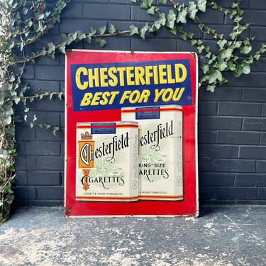 Large 1950s Cigarette Advertising Tin Sign Vintage Antique Chesterfield Mid-Century Tobacco Advertising Wall Art Hanging 