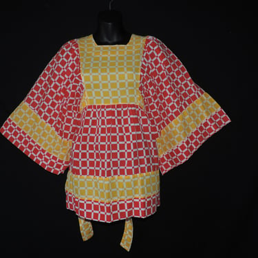 primary color winged blouse 1970s geometric print wide sleeve tunic medium 