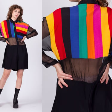 80s Black Rainbow Striped Romper - Extra Large | Vintage Color Block Retro Button Up One Piece Outfit 